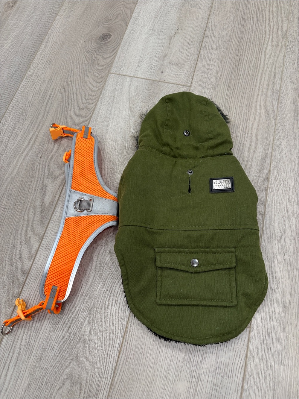 Olive Green Puffer Dog Coat with Hood size S